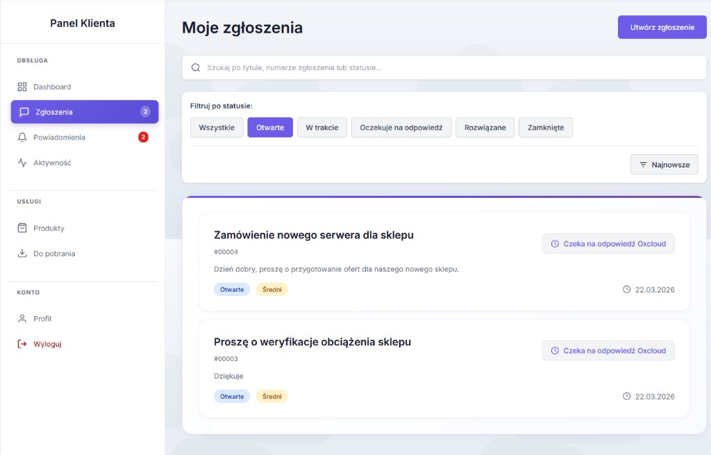 Panel Klienta OxCloud — zgłoszenia, filtry i lista ticketów