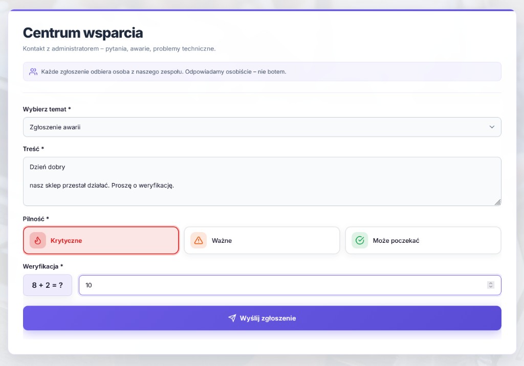 Centrum wsparcia OxCloud – formularz zgłoszeń: temat, treść, pilność, weryfikacja.